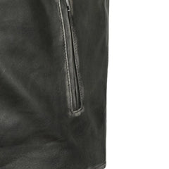 Dark Leather Collar-Tab Zippered Pocket Jacket
