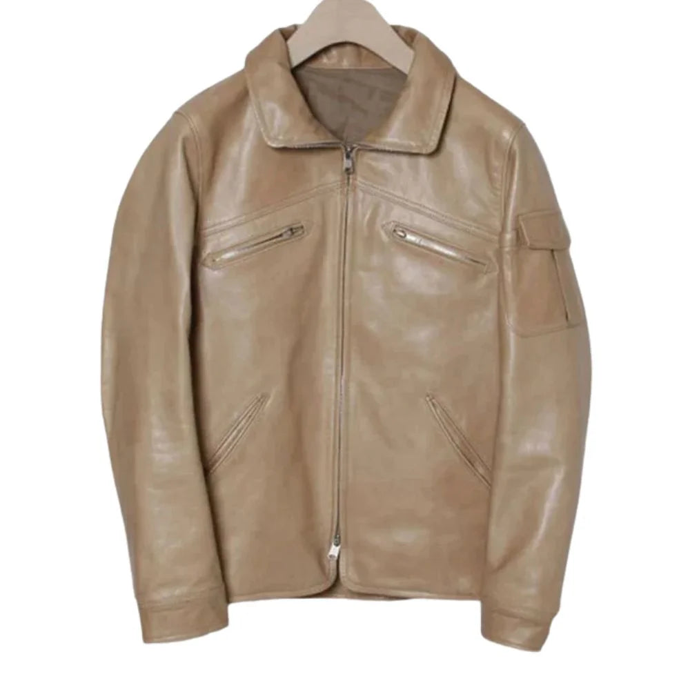 Men’s Beige Leather Jacket with Shirt Collar
