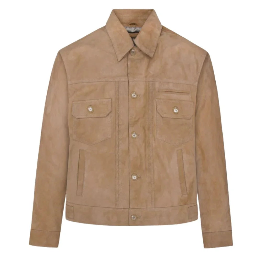 Men’s Beige Suede Trucker Leather Jacket