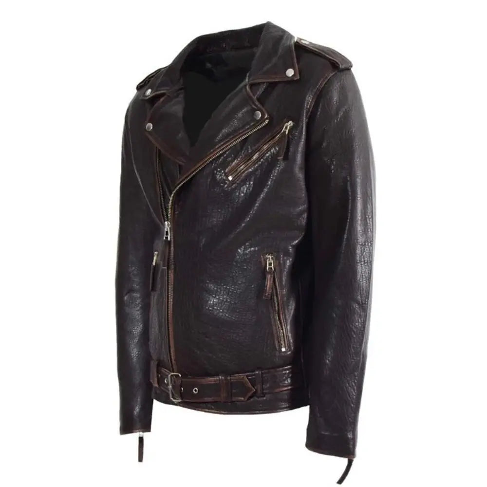 Men's Belted Waist Vintage Brown Leather Biker Jacket