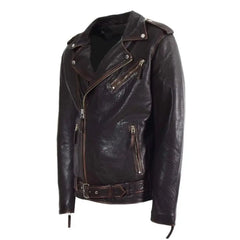 Men's Belted Waist Vintage Brown Leather Biker Jacket