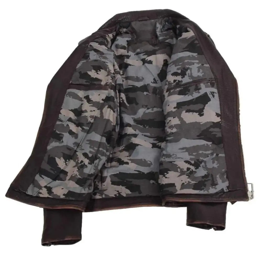 Men's Belted Waist Vintage Brown Leather Biker Jacket