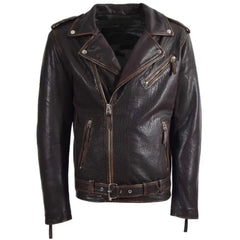 Men's Belted Waist Vintage Brown Leather Biker Jacket