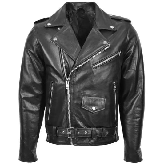Men’s Black Belted Brando Leather Biker Jacket 