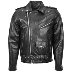 Men’s Black Belted Brando Leather Biker Jacket 