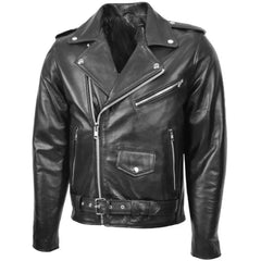 Men’s Black Belted Brando Leather Biker Jacket 