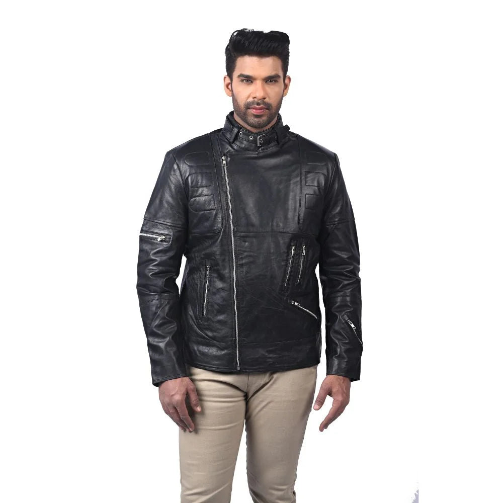 Men's Black Buckle Collar Leather Jacket