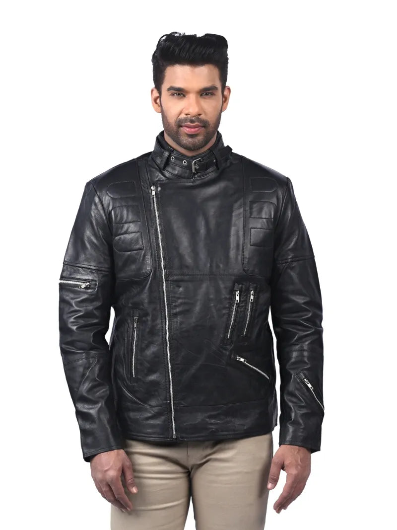 Men’s Black Buckle Collar Leather Jacket Front 