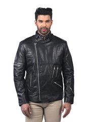 Men’s Black Buckle Collar Leather Jacket Front 