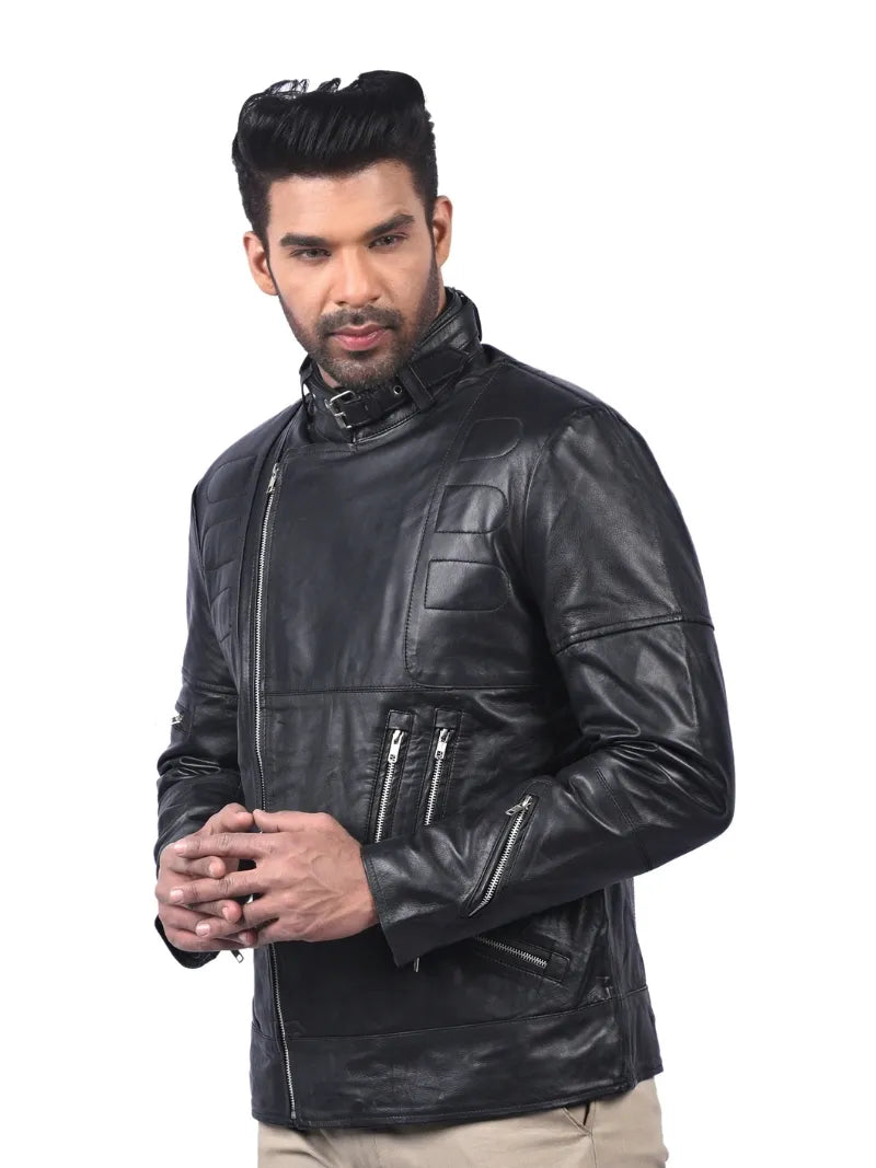 Men’s Black Buckle Collar Leather Jacket Left 
