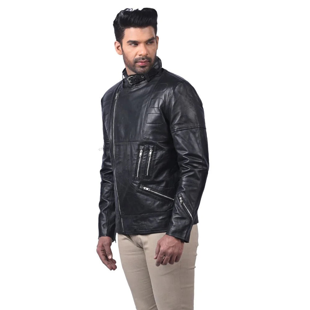 Men's Black Buckle Collar Leather Jacket