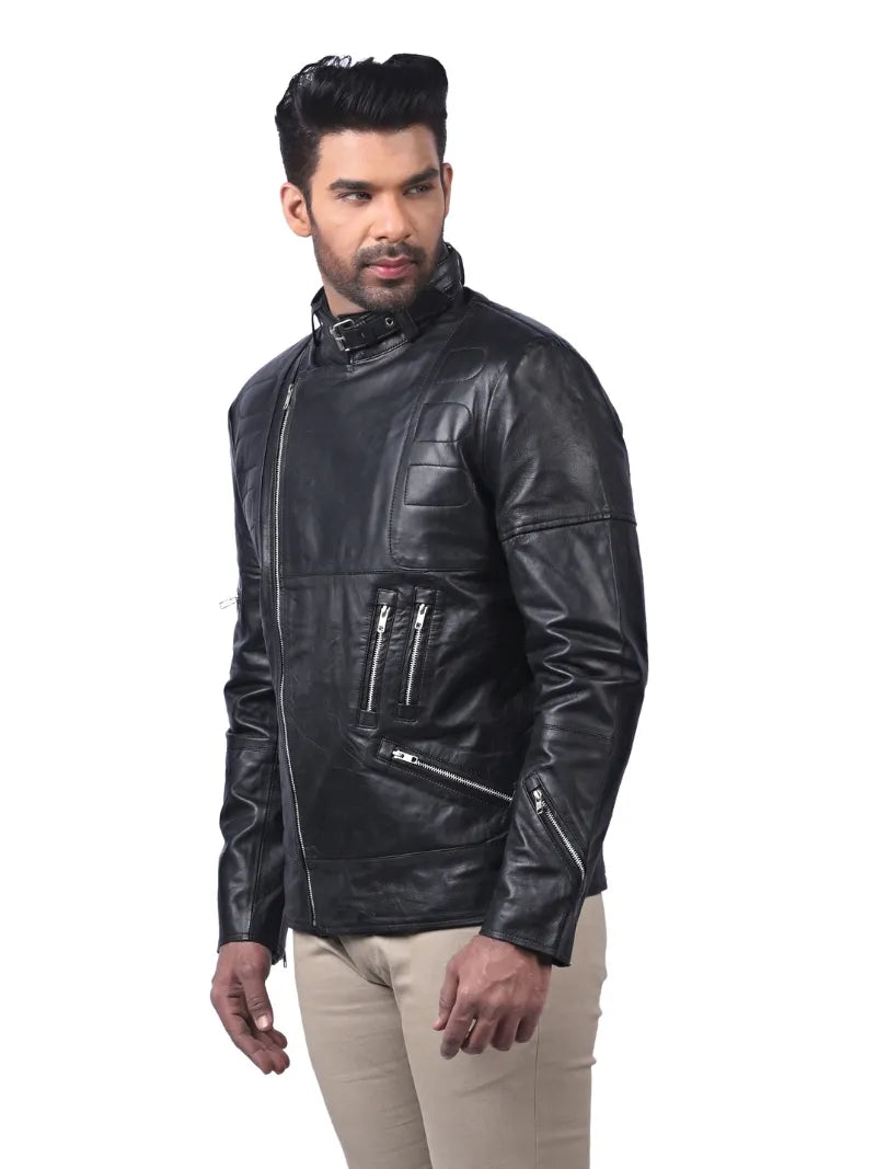 Men’s Black Buckle Collar Leather Jacket Full