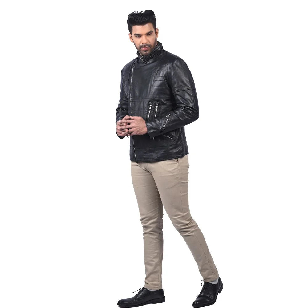 Men's Black Buckle Collar Leather Jacket