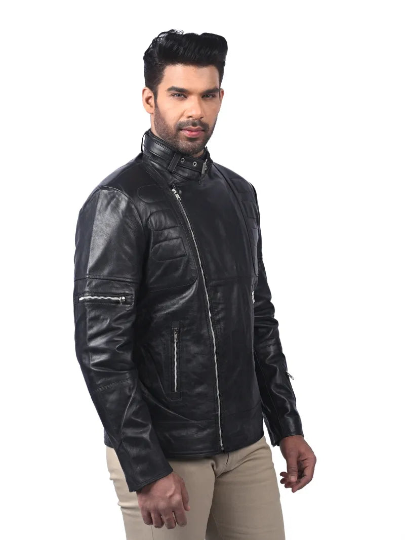 Men’s Black Buckle Collar Leather Jacket Right