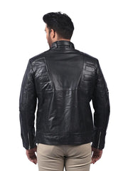 Men’s Black Buckle Collar Leather Jacket Back 
