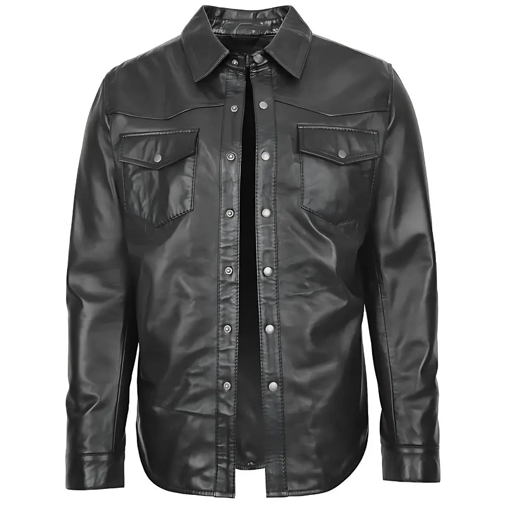 Men's Black Button-Up Leather Shirt Jacket