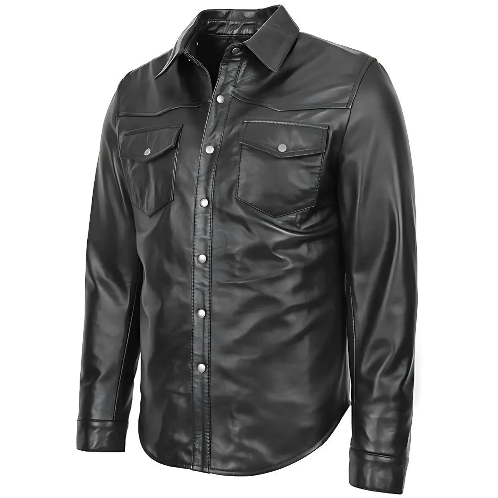 Men's Black Button-Up Leather Shirt Jacket