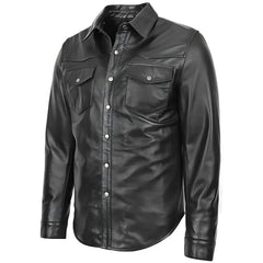 Men's Black Button-Up Leather Shirt Jacket