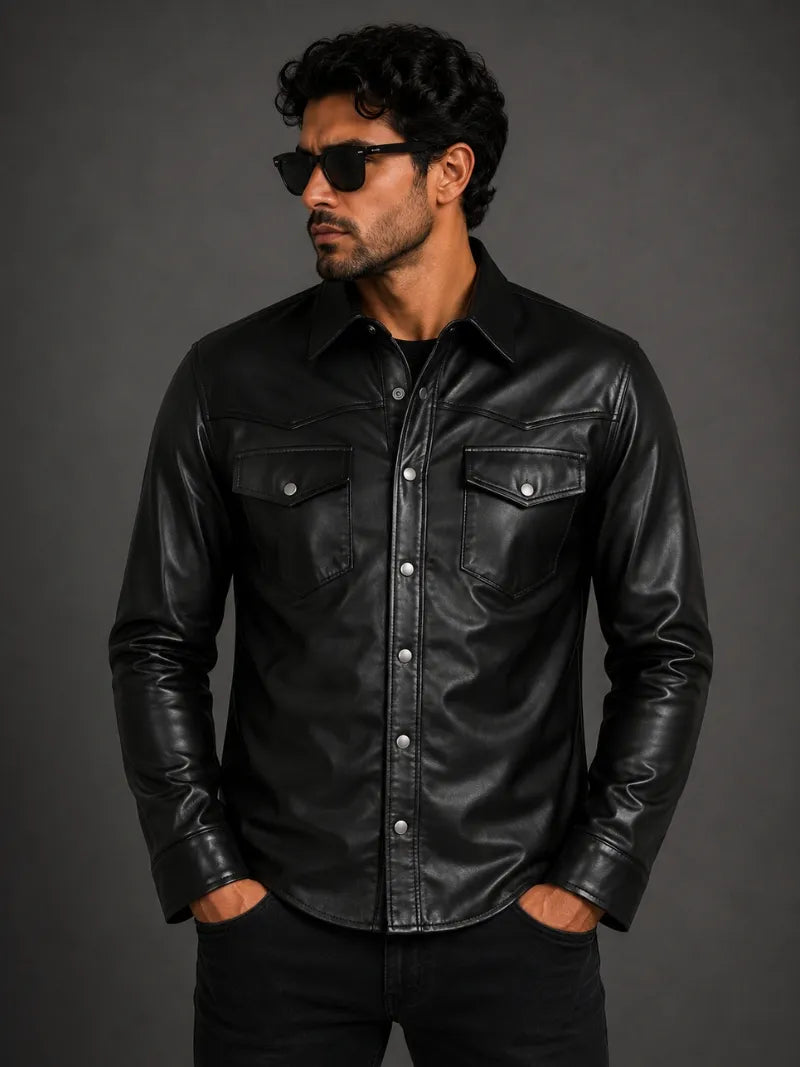 Men's Black Button-Up Leather Shirt Jacket