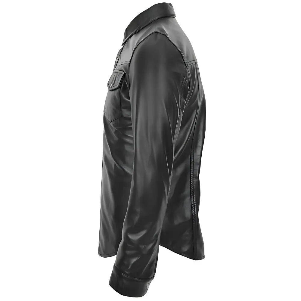 Men's Black Button-Up Leather Shirt Jacket