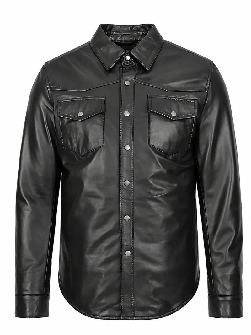 Men's Black Button-Up Leather Shirt Jacket