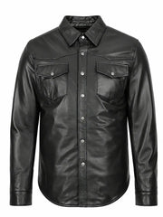 Men's Black Button-Up Leather Shirt Jacket
