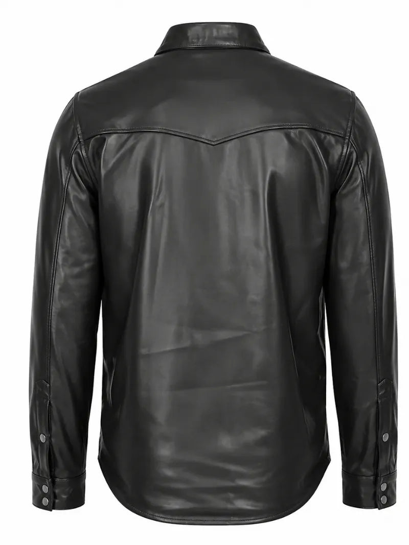 Men's Black Button-Up Leather Shirt Jacket