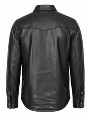 Men's Black Button-Up Leather Shirt Jacket