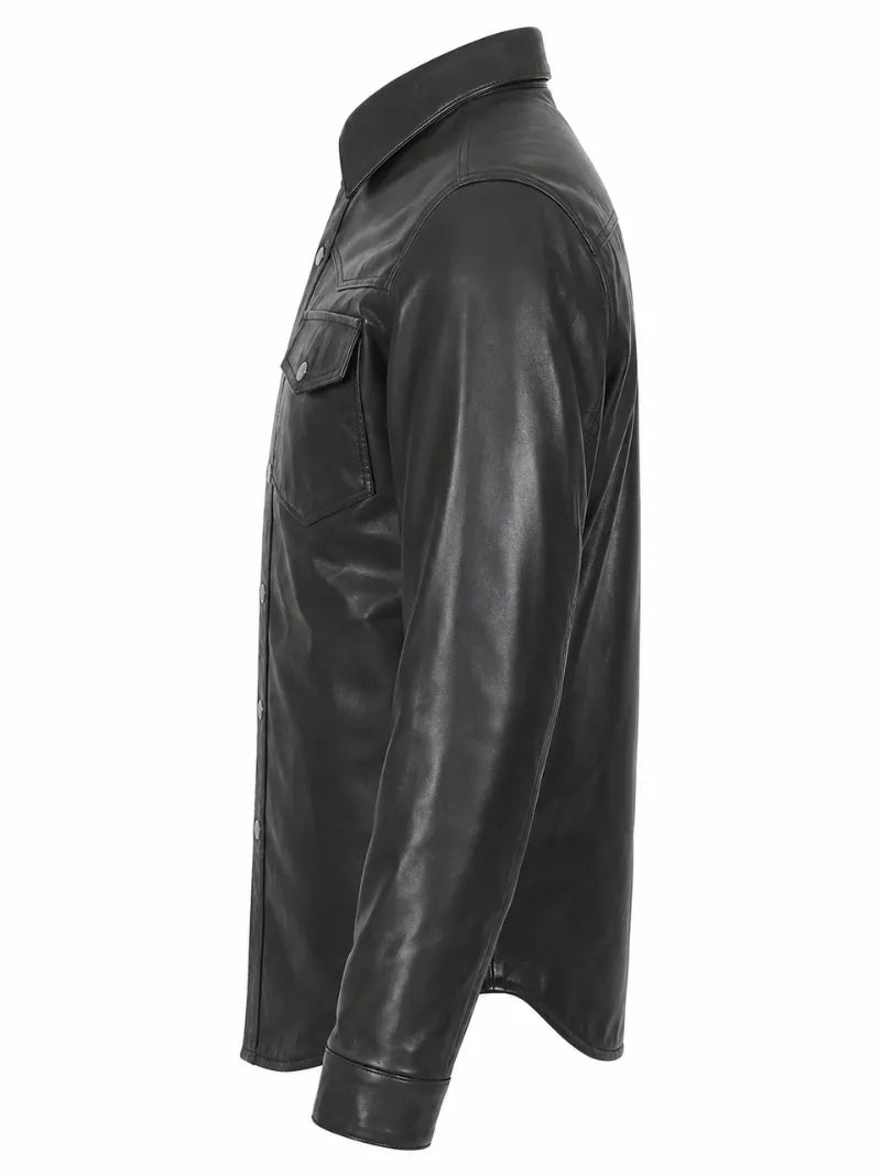 Men's Black Button-Up Leather Shirt Jacket
