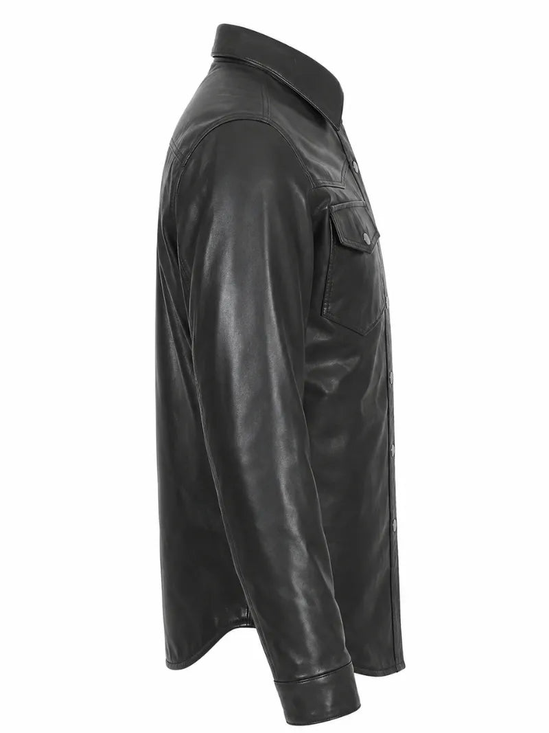 Men's Black Button-Up Leather Shirt Jacket