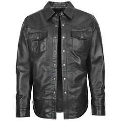 Men's Black Button-Up Leather Shirt Jacket