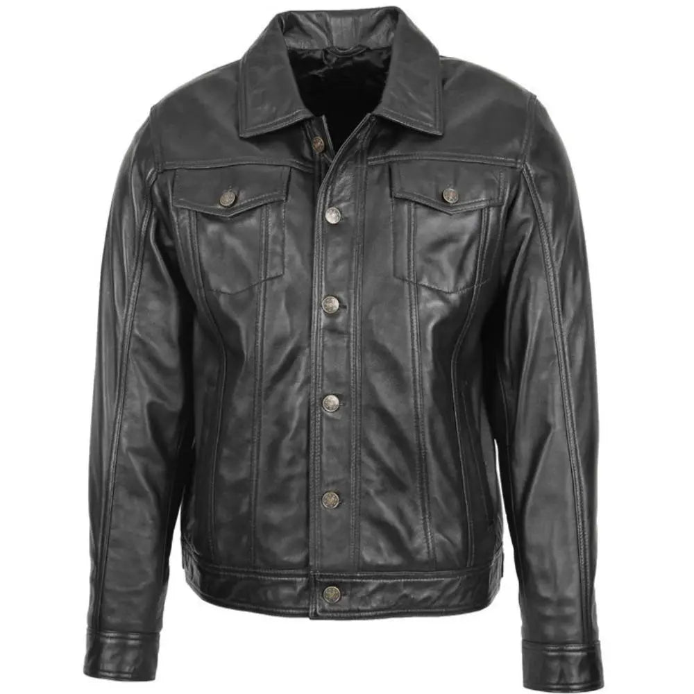 Men's Black Button-Up Leather Trucker Jacket