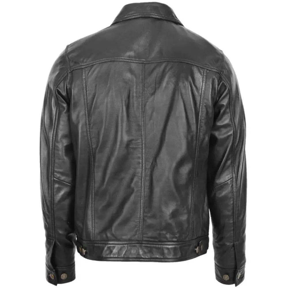 Men's Black Button-Up Leather Trucker Jacket