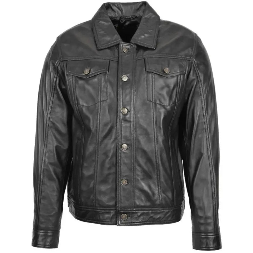 Men's Black Button-Up Leather Trucker Jacket