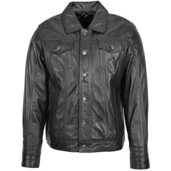 Men's Black Button-Up Leather Trucker Jacket