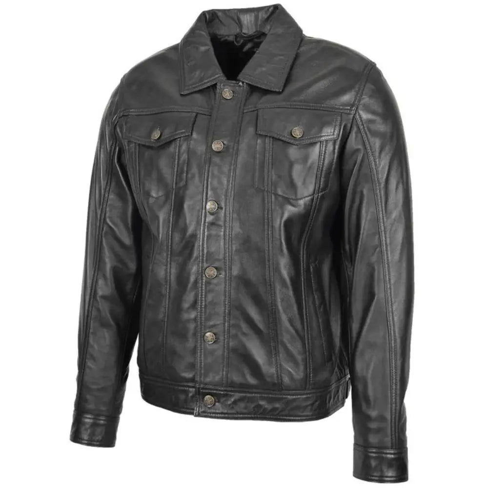 Men's Black Button-Up Leather Trucker Jacket