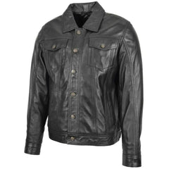 Men's Black Button-Up Leather Trucker Jacket