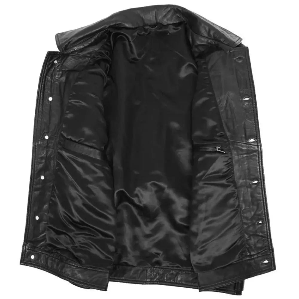 Men's Black Button-Up Leather Trucker Jacket
