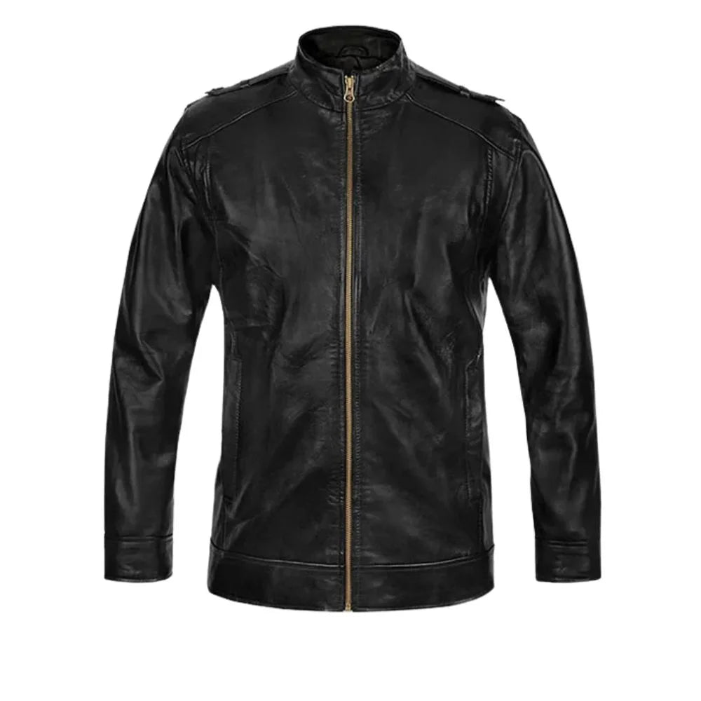 Men’s Black Casual Leather Jacket with Band Collar