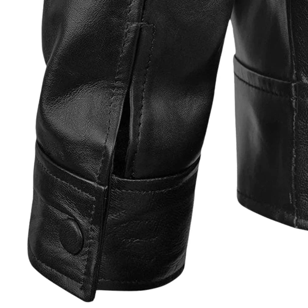 Men’s Black Casual Leather Jacket with Band Collar