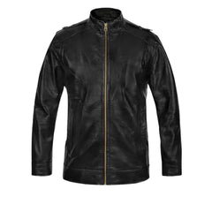 Men’s Black Casual Leather Jacket with Band Collar