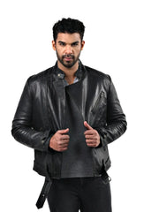 Men’s Black Cross Zip Leather Jacket Front 