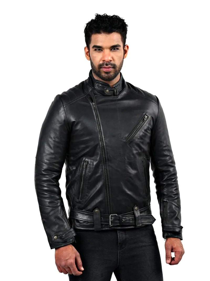 Men’s Black Cross Zip Leather Jacket Full