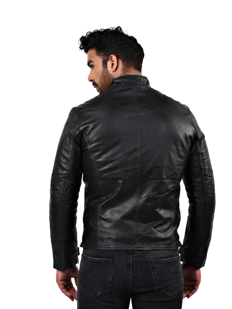 Men’s Black Cross Zip Leather Jacket Back 
