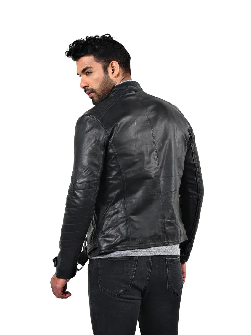 Men’s Black Cross Zip Leather Jacket Left 