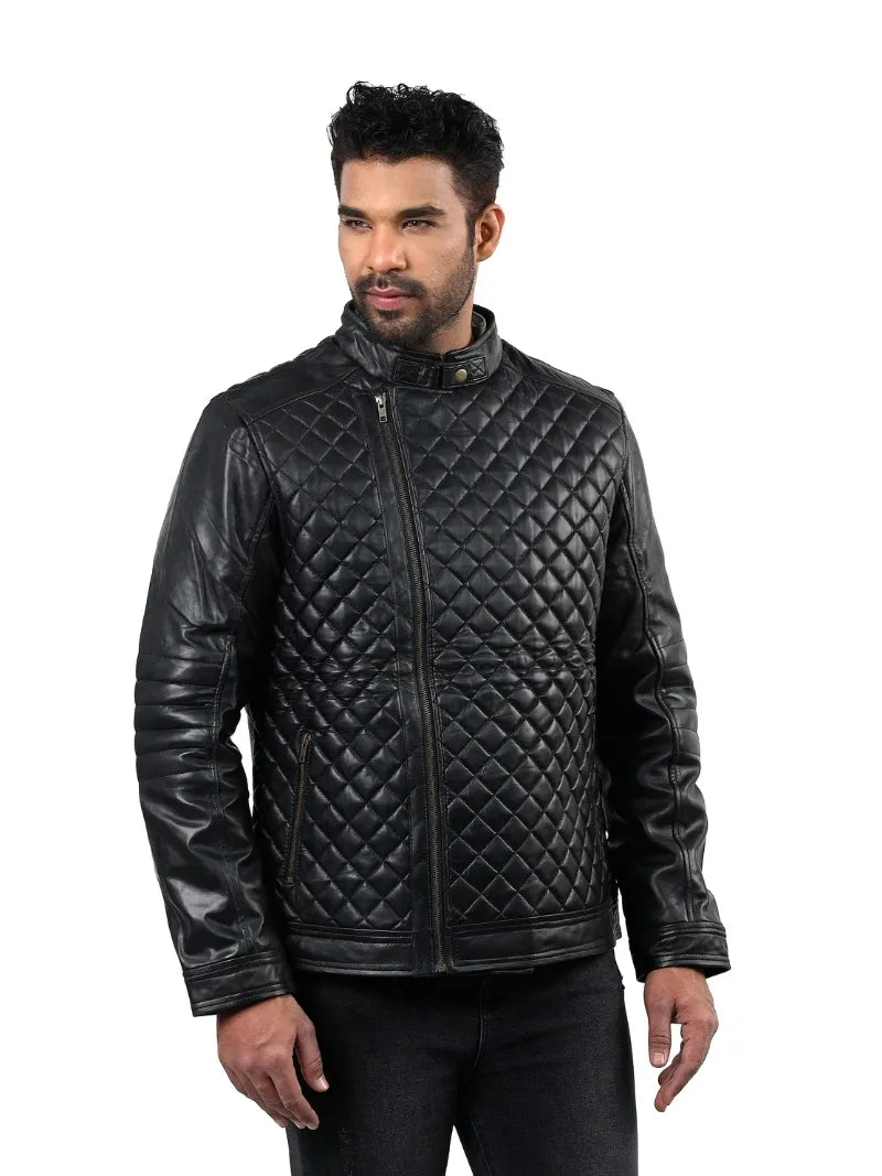 Men’s Black Diamond Quilted Leather Jacket Front 