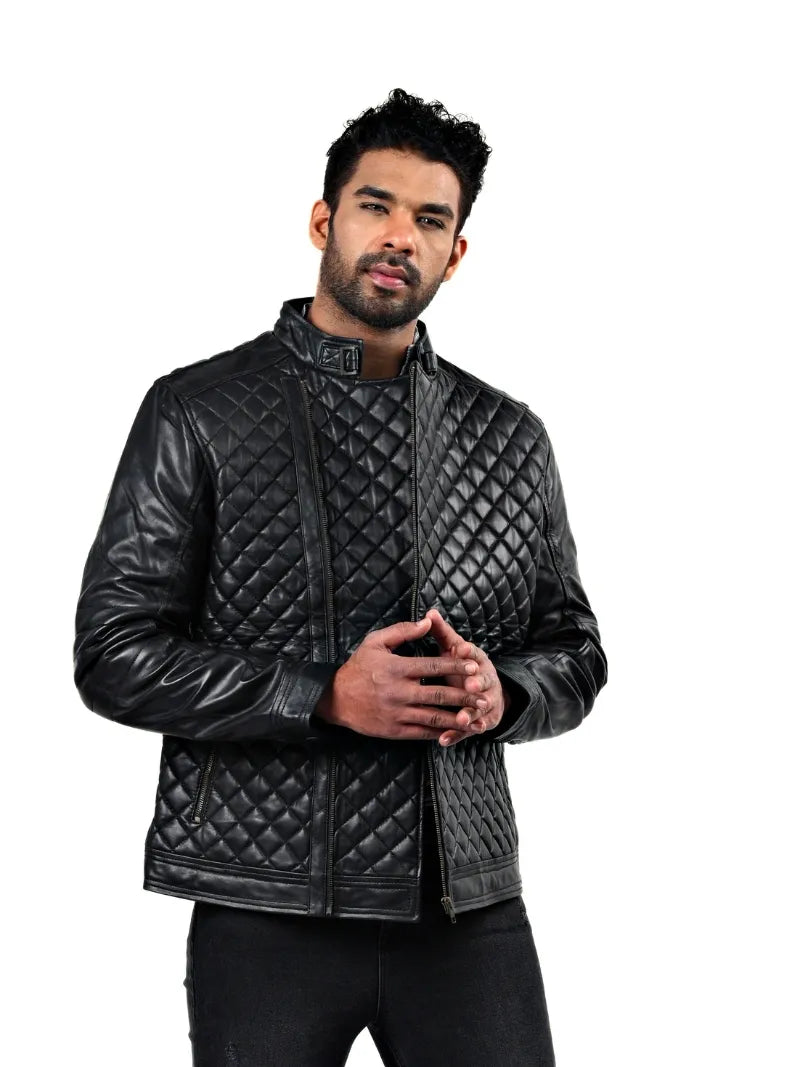 Men’s Black Diamond Quilted Leather Jacket Right 