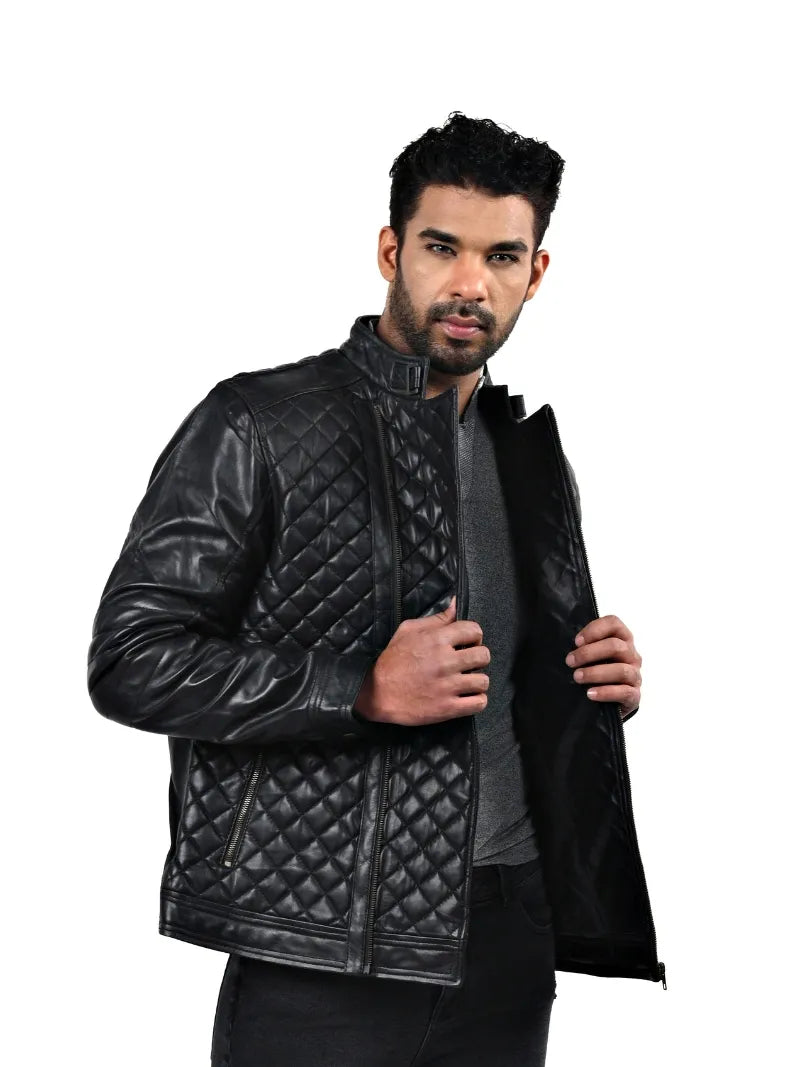 Men’s Black Diamond Quilted Leather Jacket Full 