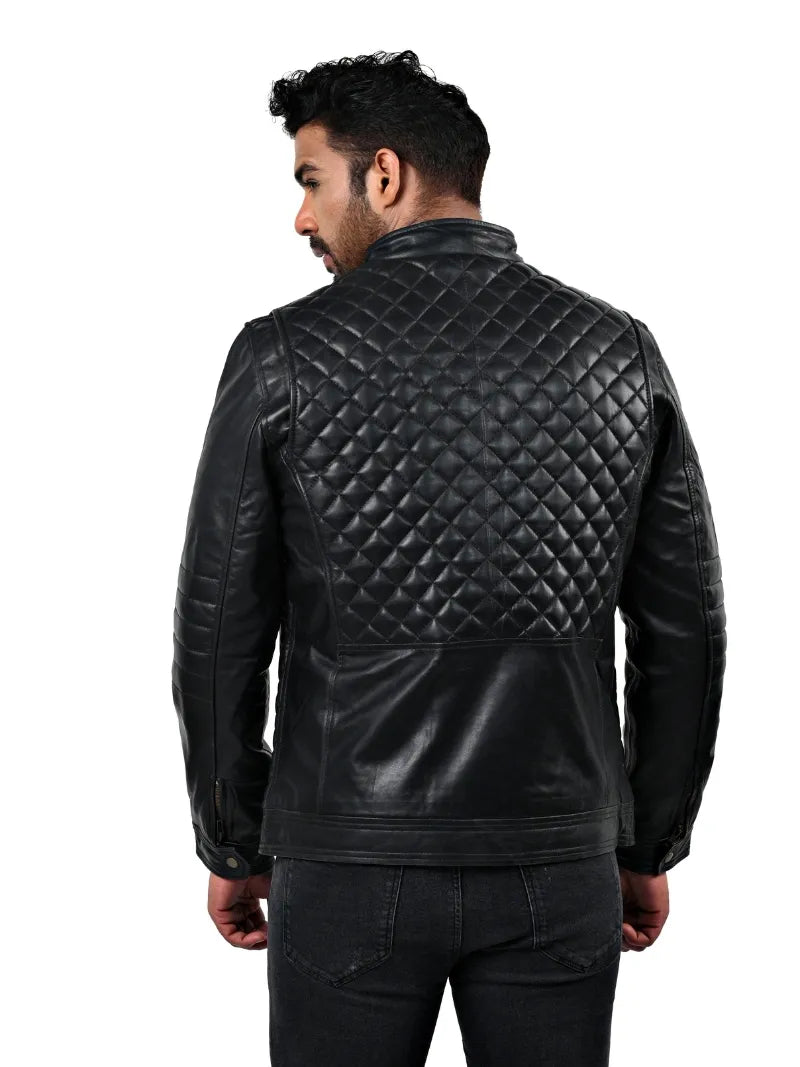 Men’s Black Diamond Quilted Leather Jacket Back 