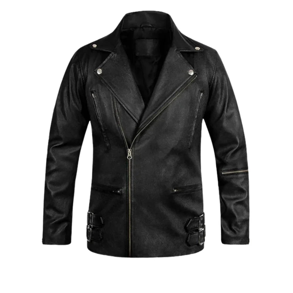 Men’s Black Double Buckle Brando Leather Jacket